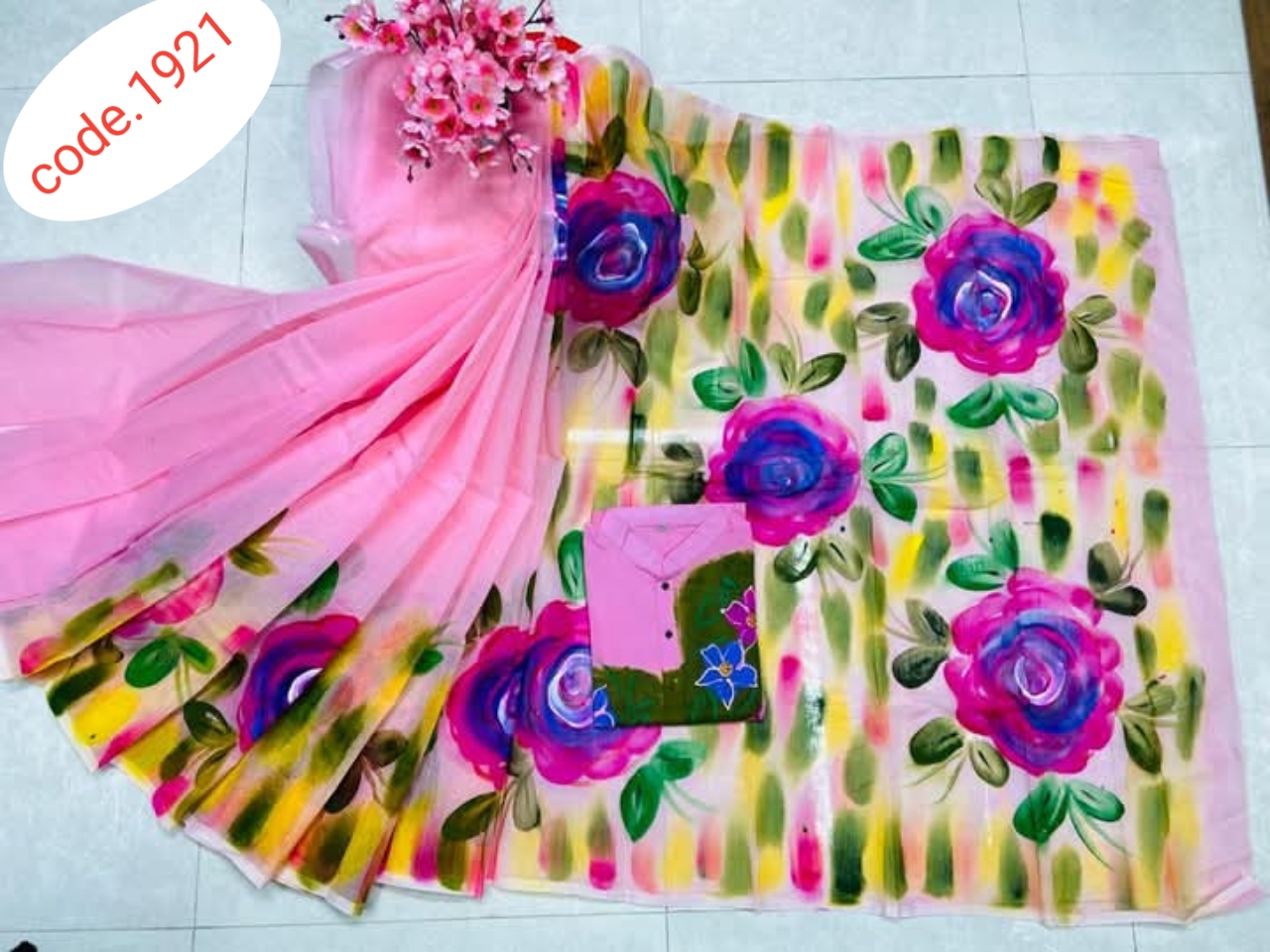 Hand Print saree with Punjabi couple set code 1921