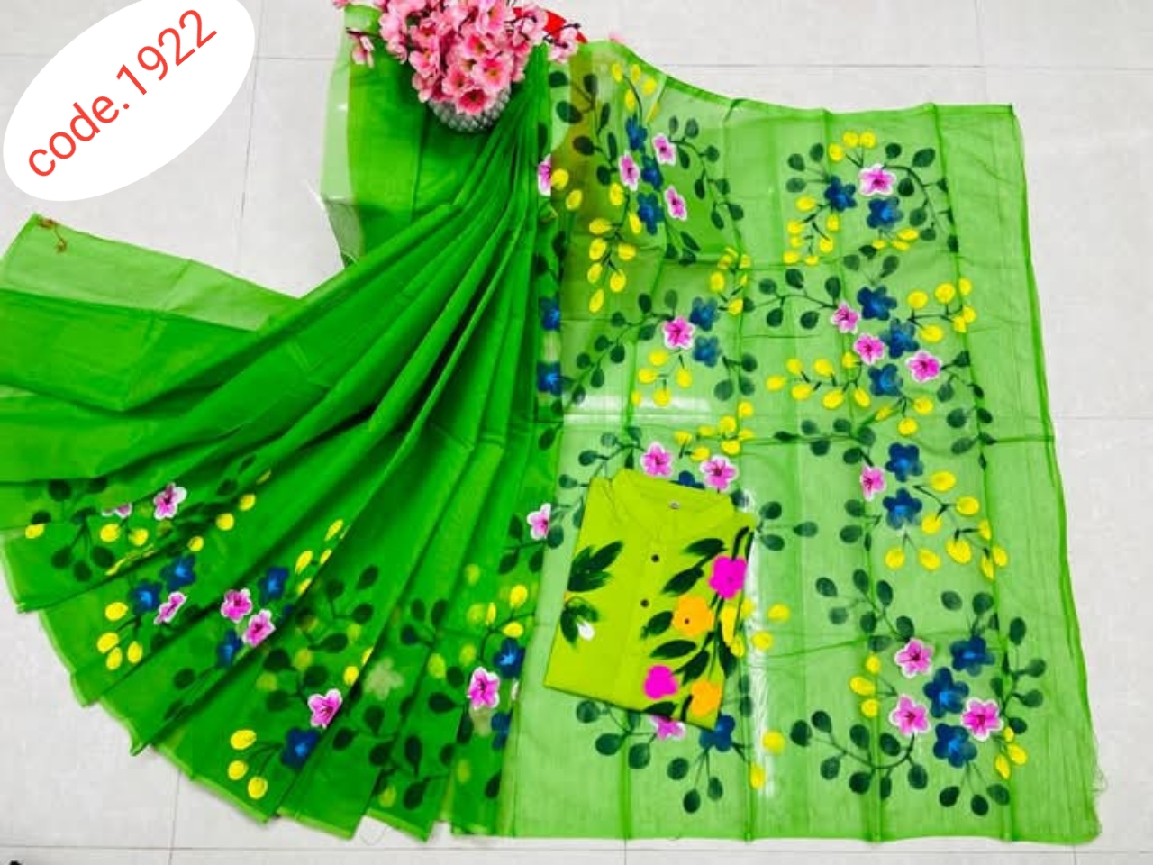 Hand Print saree with Punjabi couple set code 1922