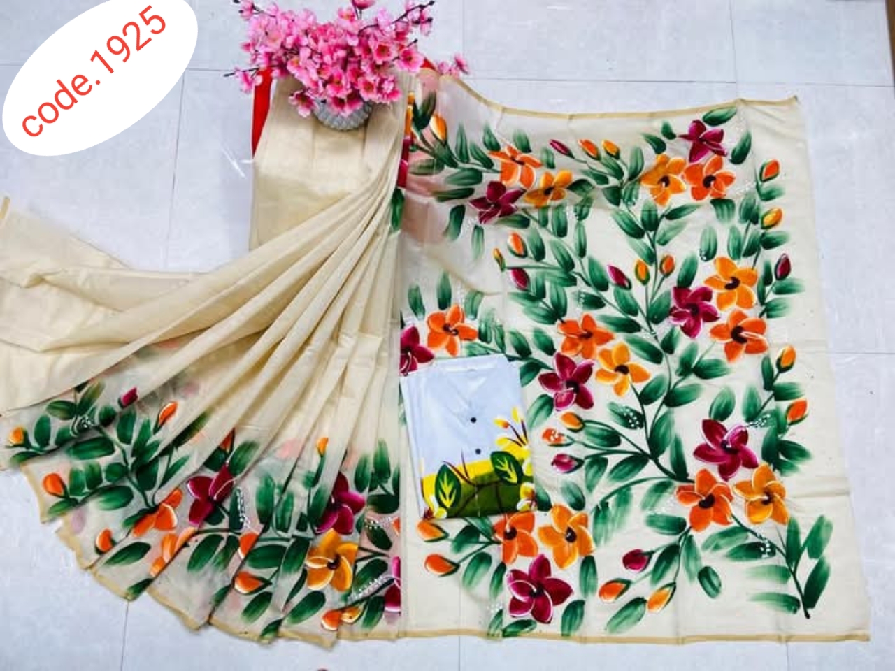 Hand Print saree with Punjabi couple set code 1925