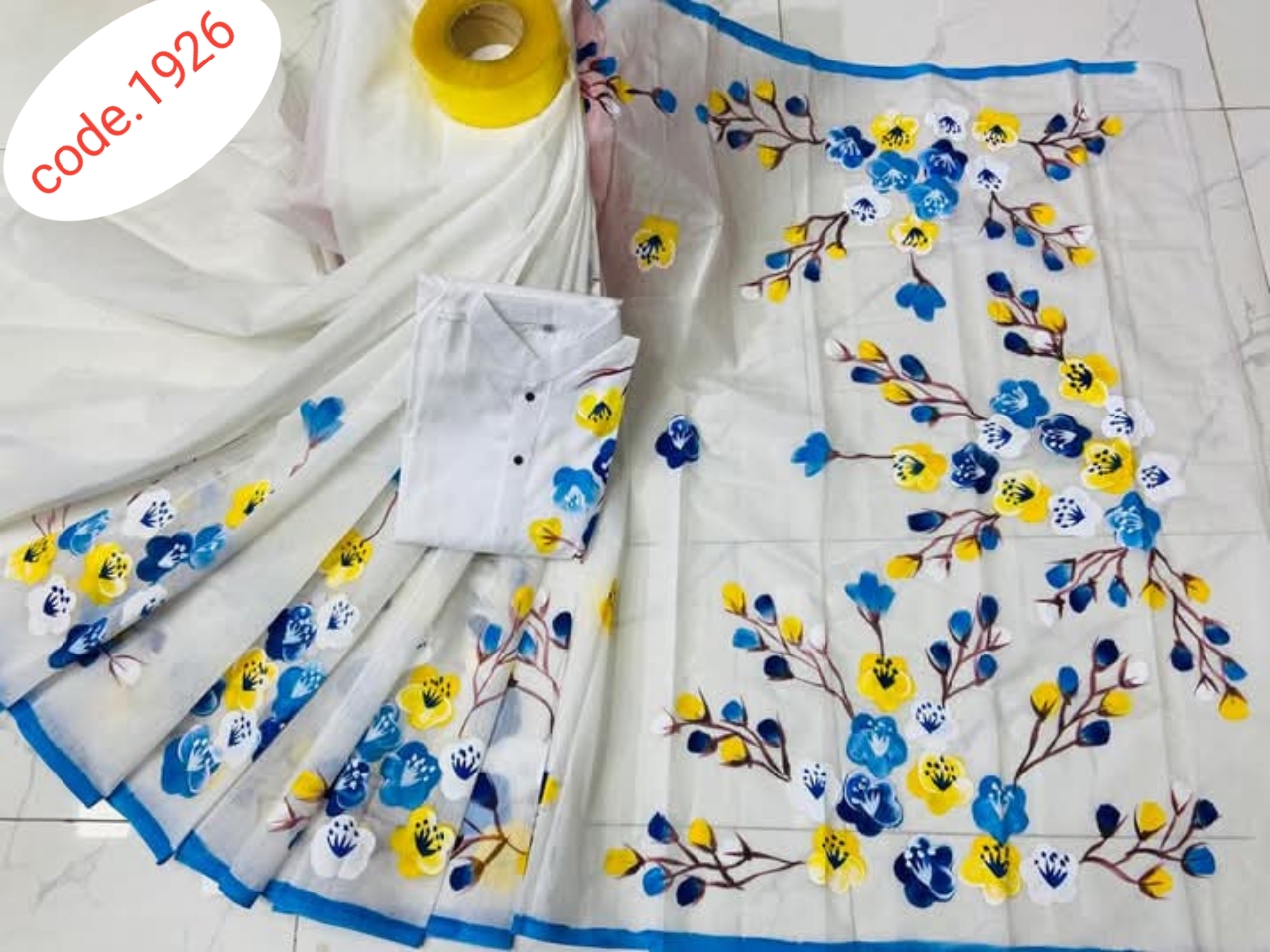 Hand Print saree with Punjabi couple set code 1926