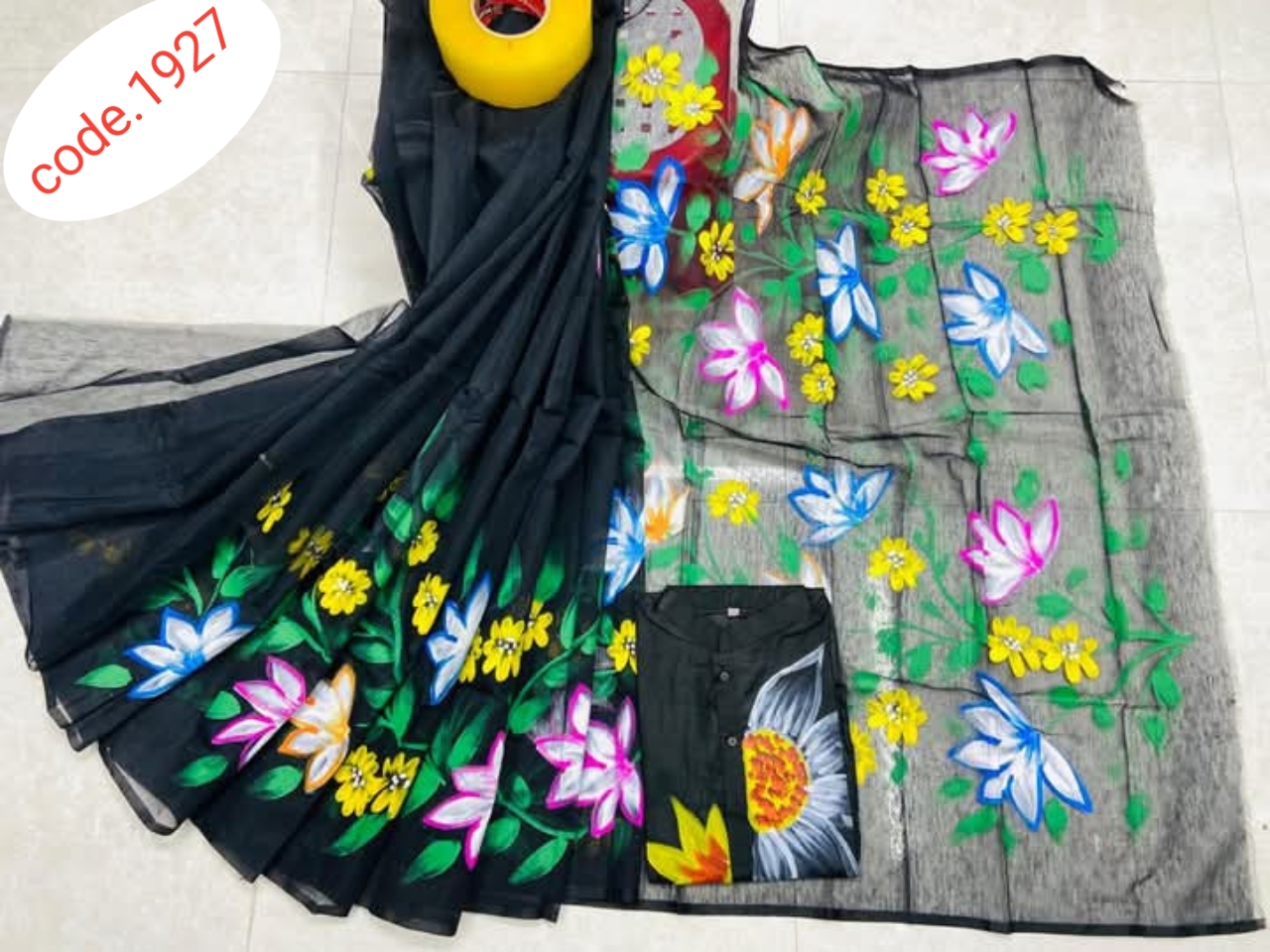 Hand Print saree with Punjabi couple set code 1927