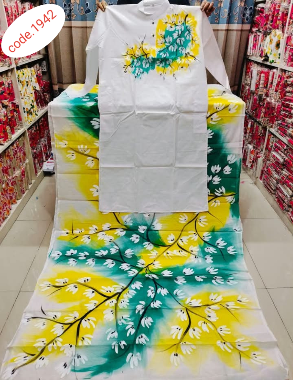 Hand Print saree with Punjabi couple set code 1942