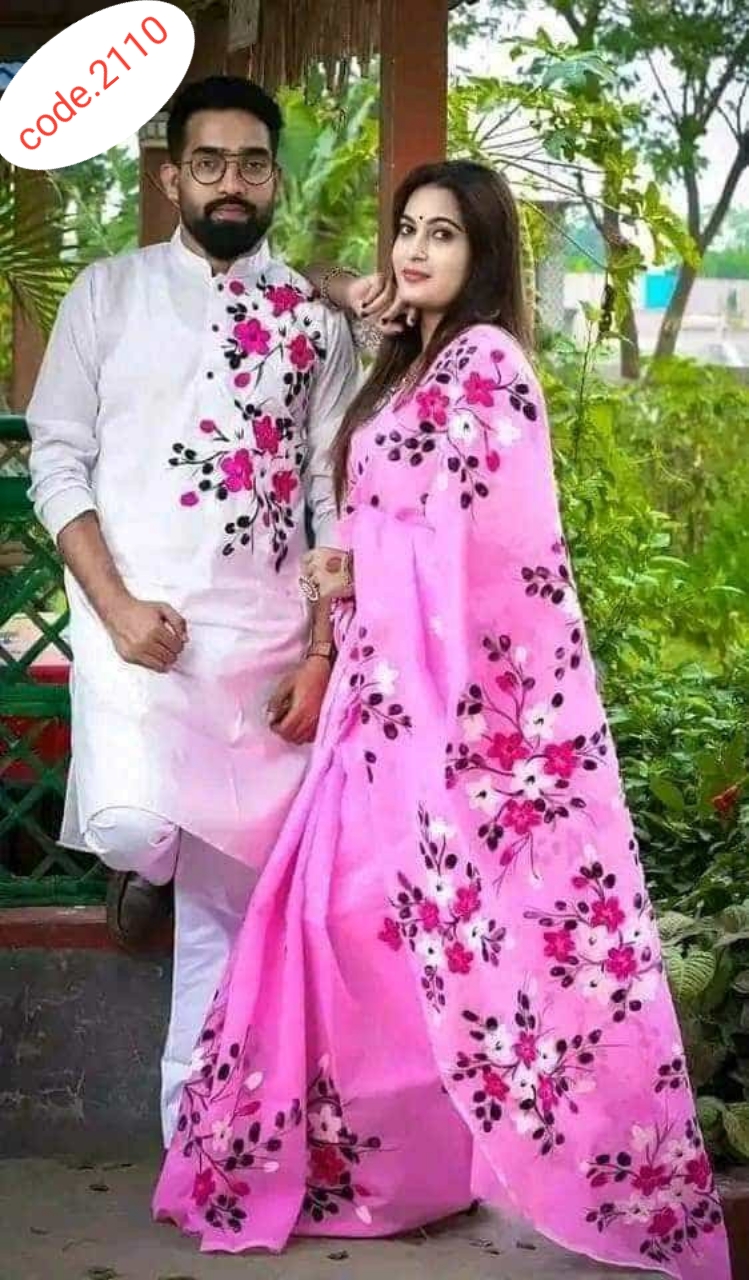 Hand Print saree with Punjabi couple set code 2110