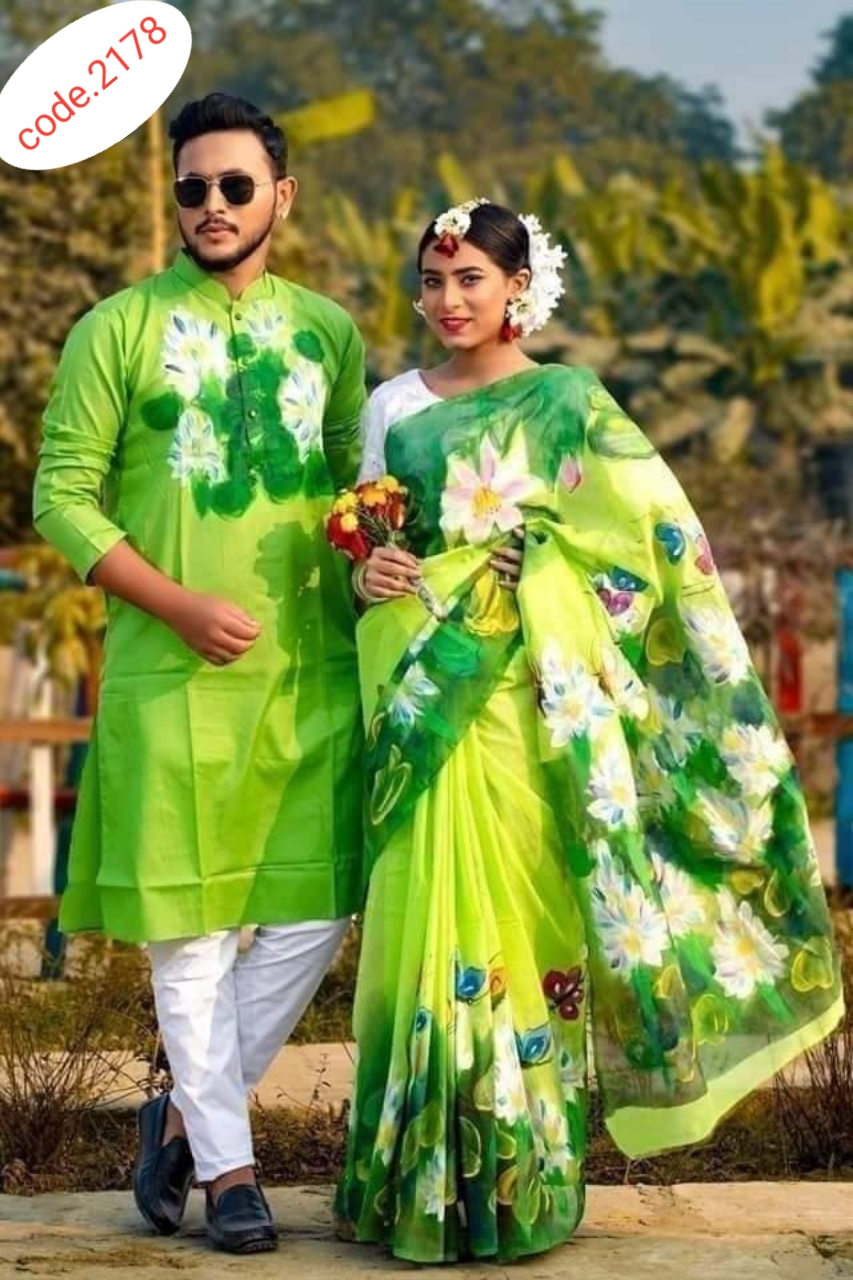 Hand Print saree with Punjabi couple set code 2178