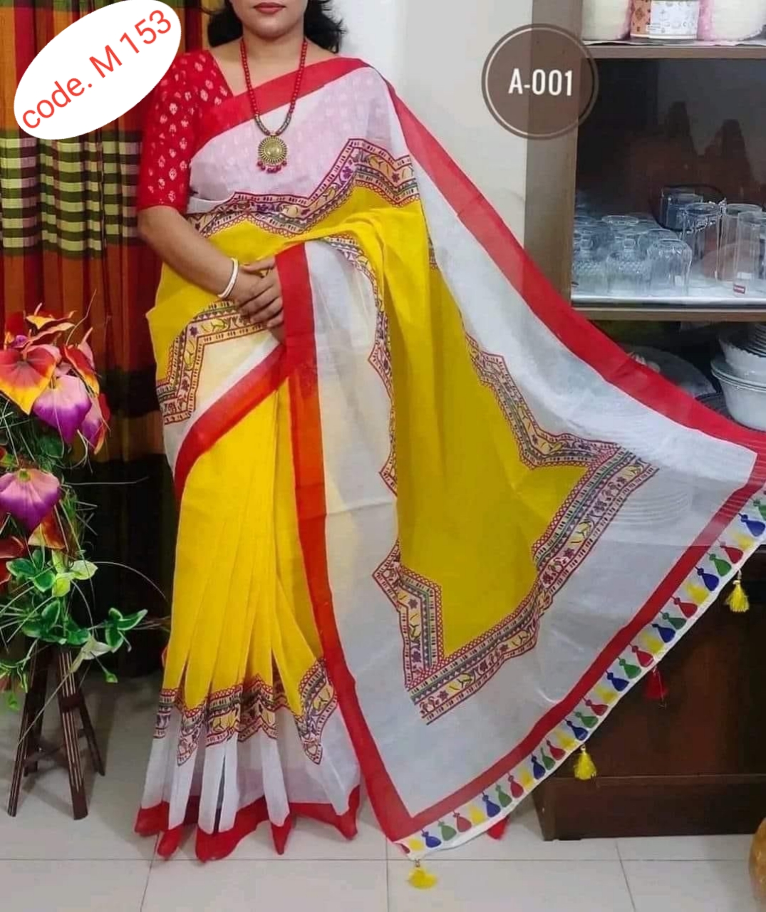 Half silk saree skin print kaj  code M 153