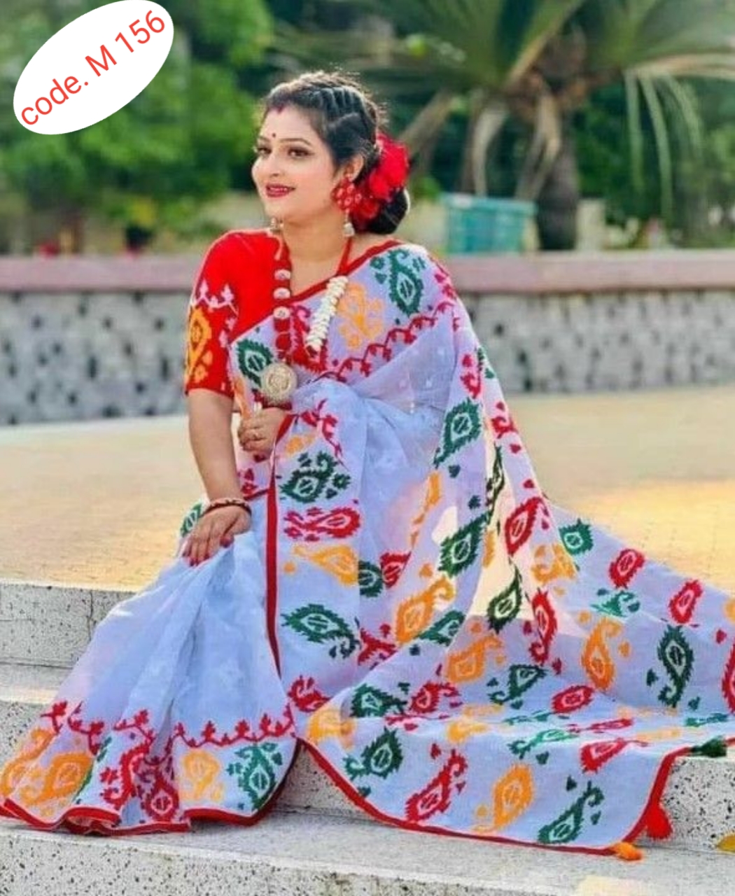 Half silk saree skin print kaj  code M 156