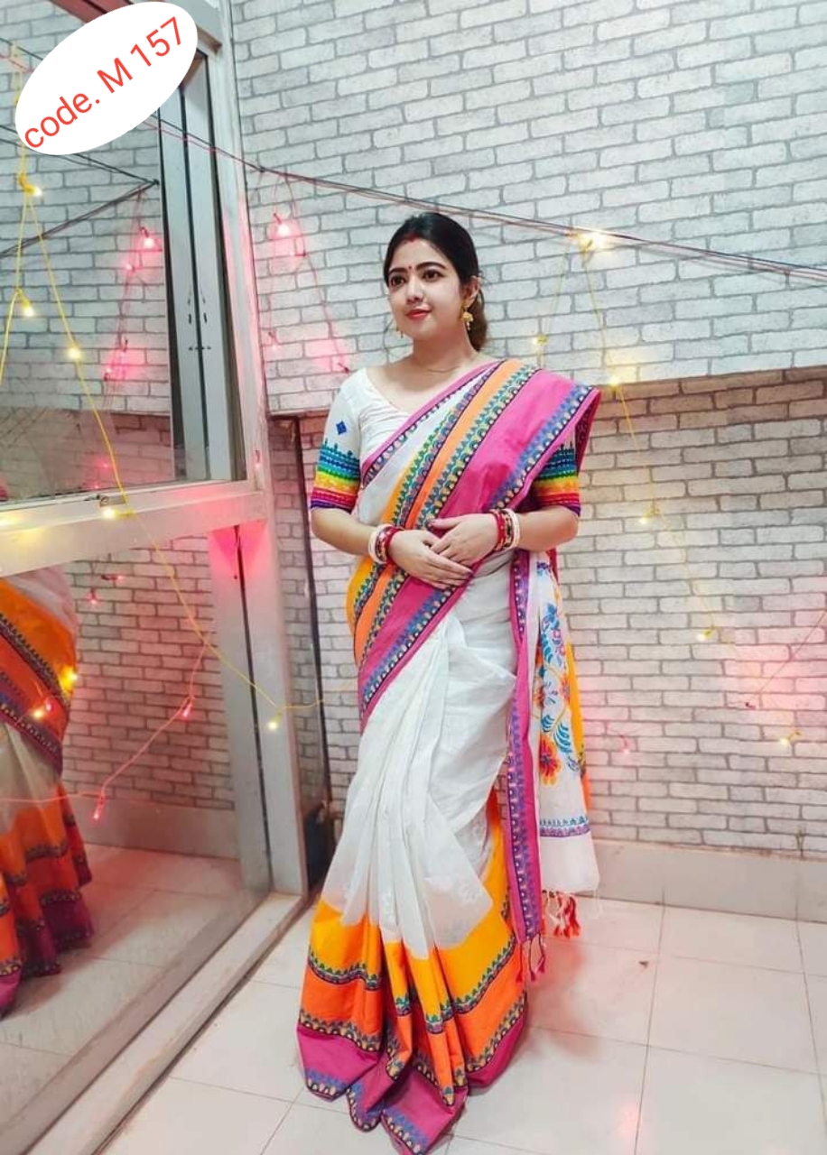 Half silk saree skin print kaj  code M 157