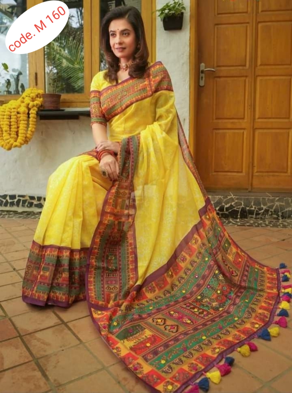Half silk saree skin print kaj  code M 160