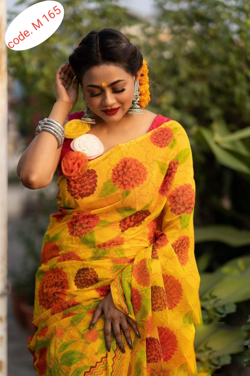 Half silk saree skin print kaj  code M 165