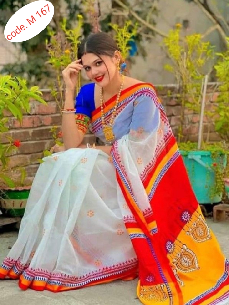 Half silk saree skin print kaj  code M 167