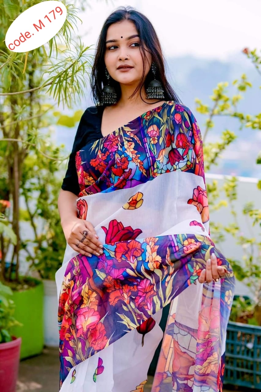 Chanderi silk digital print saree code.M 179