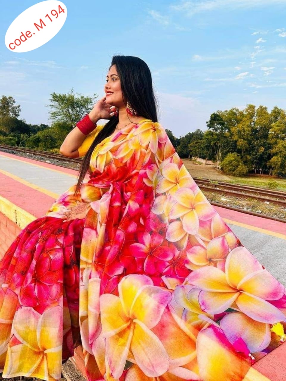 Chanderi silk digital print saree code.M 194