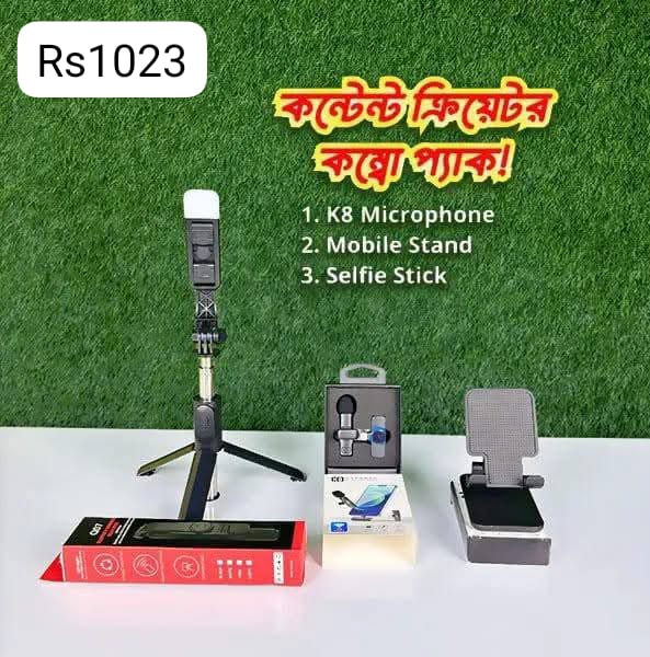 Content Creator Combo K8 Microphone Q07 Selfie Stick Mobile Stand code 1023