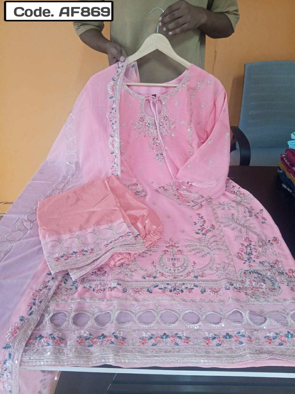 Sadabahar soft organja with embroidery sequence neck pannel hand ston work Code. AF869