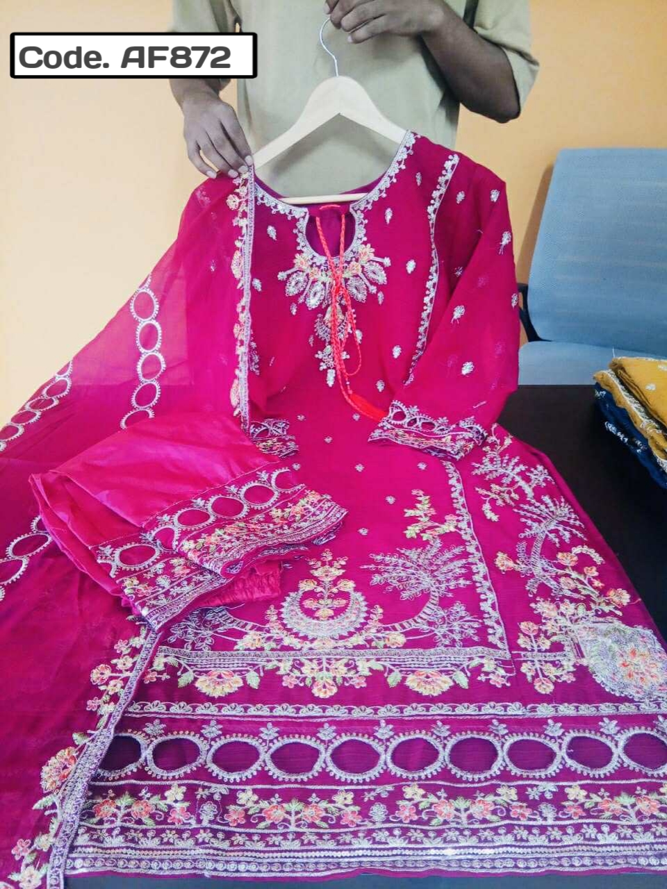 Sadabahar soft organja with embroidery sequence neck pannel hand ston work Code. AF872