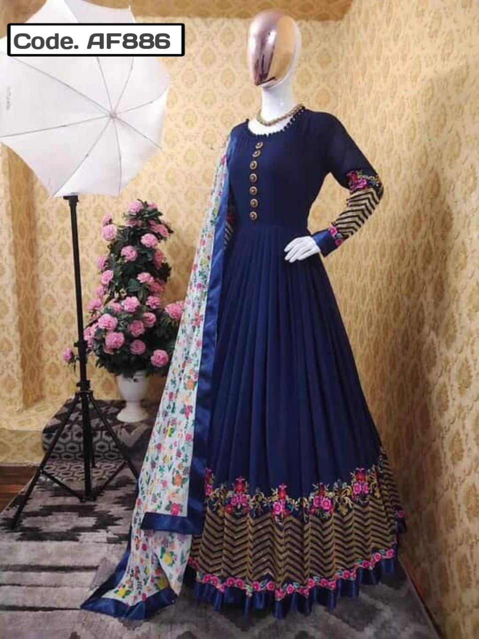 Semi-stitched Embroidered Party dress Code.AF886