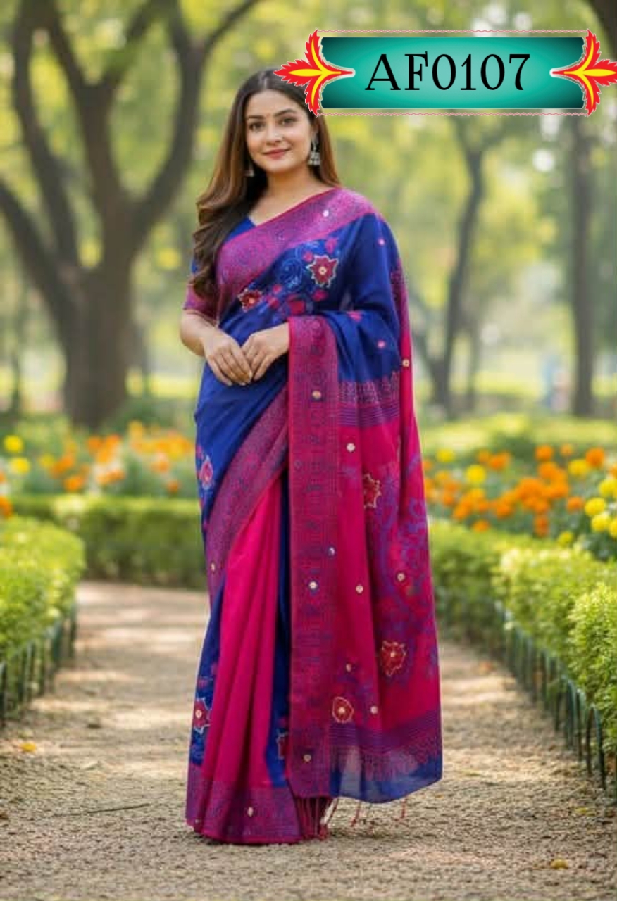 প্রিমিয়াম ধুপিয়ান সিল্ক শাড়ি ,ব্লক প্রিন্ট ও এমব্রয়ডারি কাজ Code. AF0107