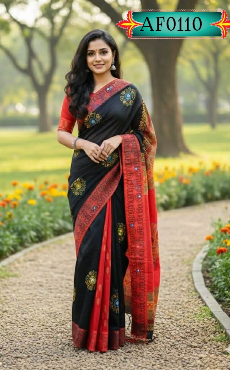 প্রিমিয়াম ধুপিয়ান সিল্ক শাড়ি ,ব্লক প্রিন্ট ও এমব্রয়ডারি কাজ Code. AF0110