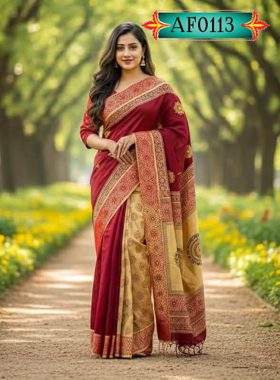 প্রিমিয়াম ধুপিয়ান সিল্ক শাড়ি ,ব্লক প্রিন্ট ও এমব্রয়ডারি কাজ Code. AF0113