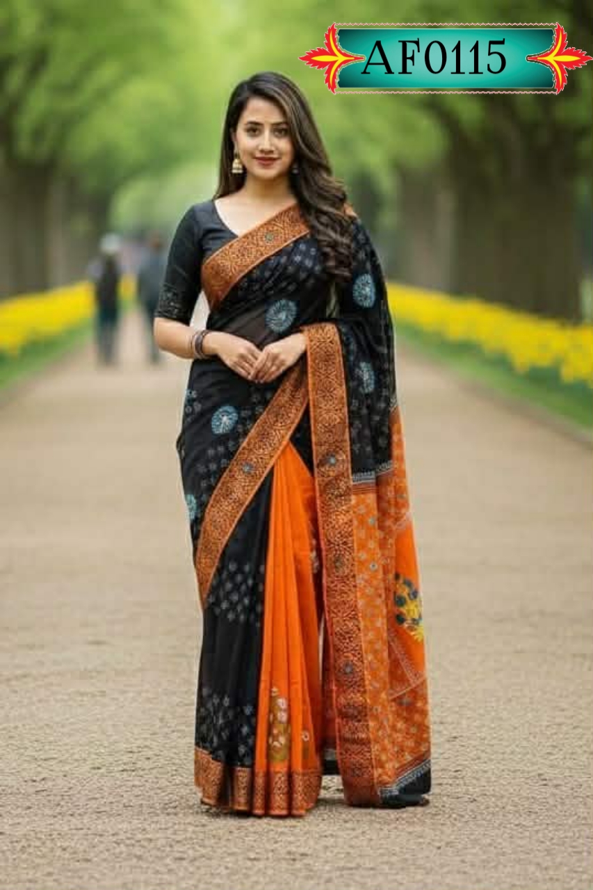 প্রিমিয়াম ধুপিয়ান সিল্ক শাড়ি ,ব্লক প্রিন্ট ও এমব্রয়ডারি কাজ Code. AF0115