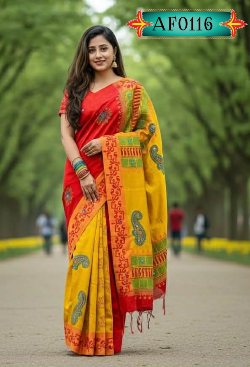 প্রিমিয়াম ধুপিয়ান সিল্ক শাড়ি ,ব্লক প্রিন্ট ও এমব্রয়ডারি কাজ Code. AF0116
