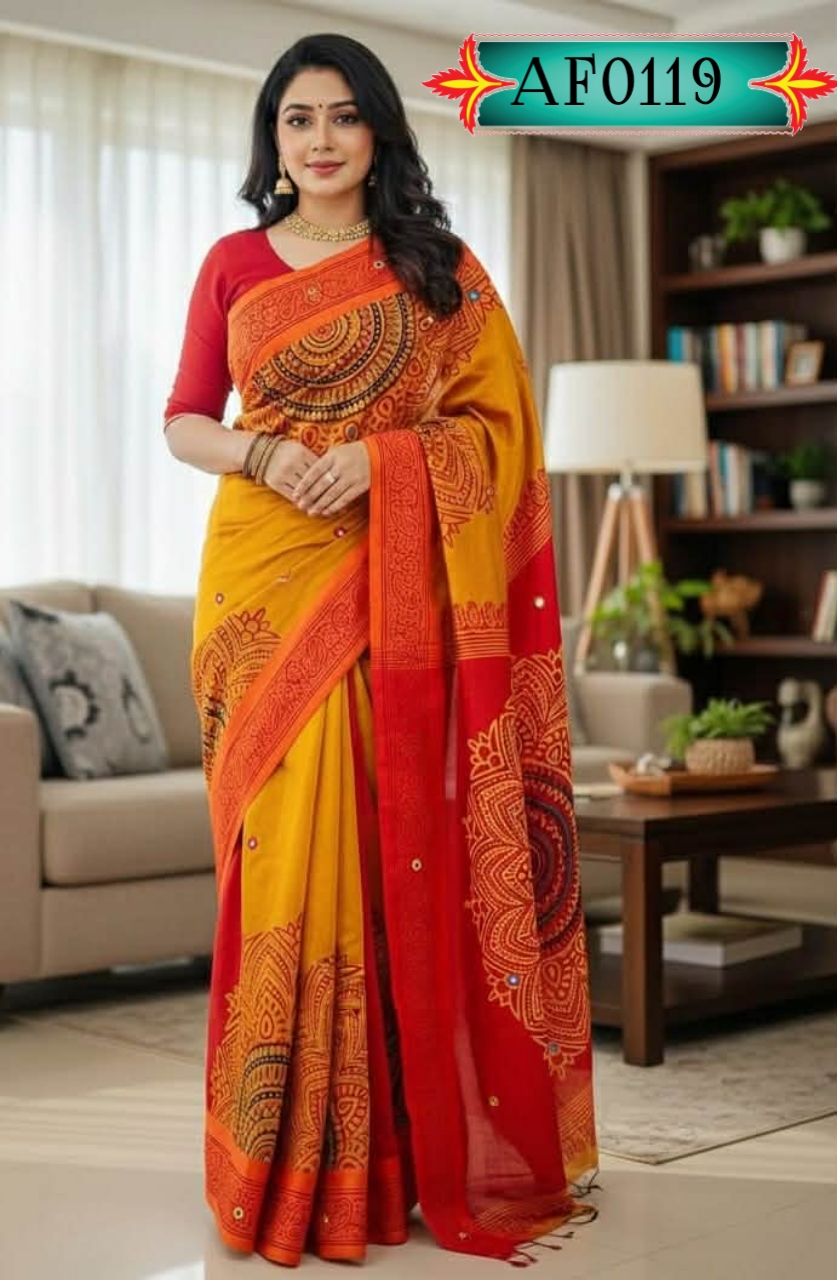 প্রিমিয়াম ধুপিয়ান সিল্ক শাড়ি ,ব্লক প্রিন্ট ও এমব্রয়ডারি কাজ Code. AF0119