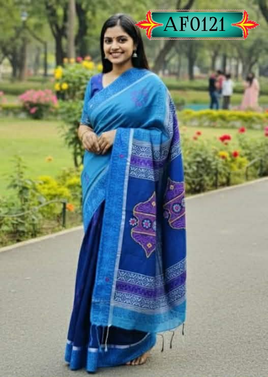 প্রিমিয়াম ধুপিয়ান সিল্ক শাড়ি ,ব্লক প্রিন্ট ও এমব্রয়ডারি কাজ Code. AF0121