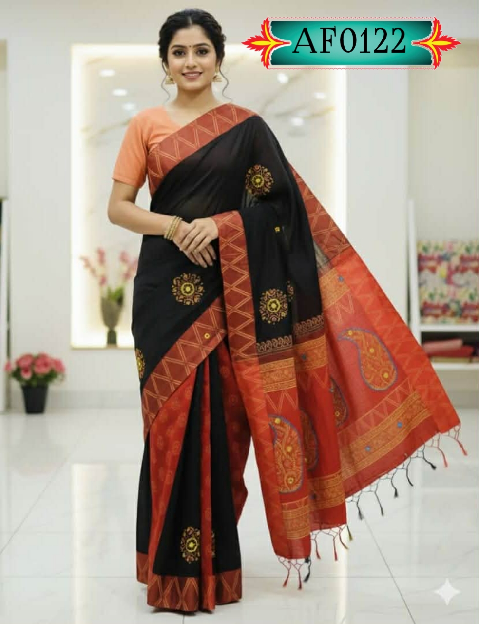 প্রিমিয়াম ধুপিয়ান সিল্ক শাড়ি ,ব্লক প্রিন্ট ও এমব্রয়ডারি কাজ Code. AF0122