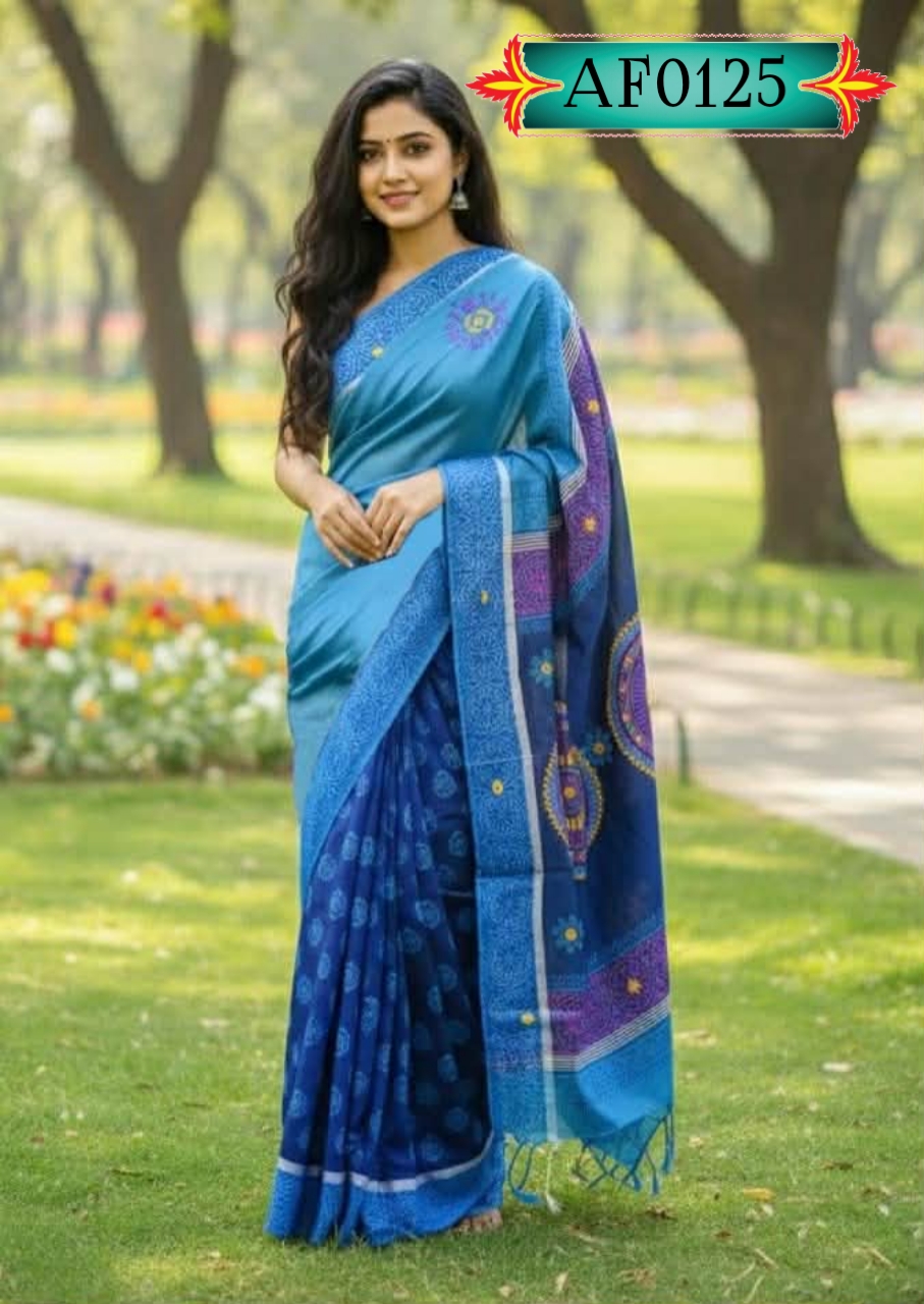 প্রিমিয়াম ধুপিয়ান সিল্ক শাড়ি ,ব্লক প্রিন্ট ও এমব্রয়ডারি কাজ Code. AF0125