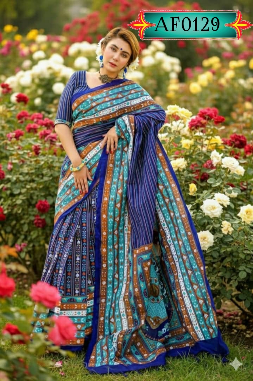 উন্নত মানের হাফ সিল্ক শাড়ি স্কিন প্রিন্টের কাজ করা Code. AF0128