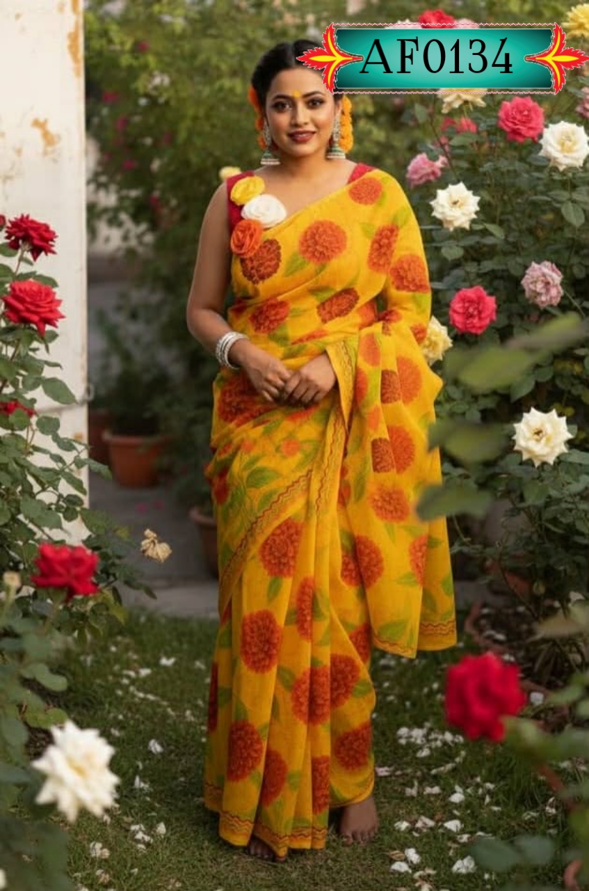 উন্নত মানের হাফ সিল্ক শাড়ি স্কিন প্রিন্টের কাজ করা Code. AF0134