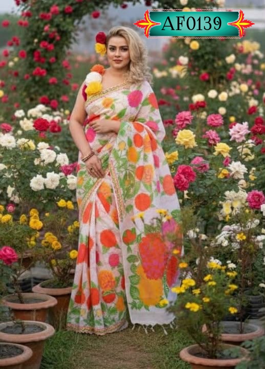 উন্নত মানের হাফ সিল্ক শাড়ি স্কিন প্রিন্টের কাজ করা Code. AF0139