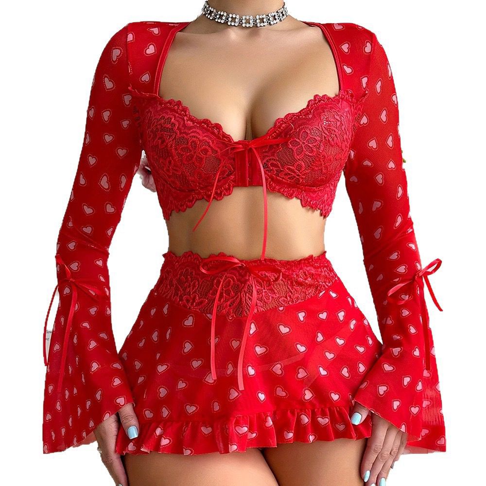 Red Heart-Print Lace Top & Ruffled Mini Skirt Set